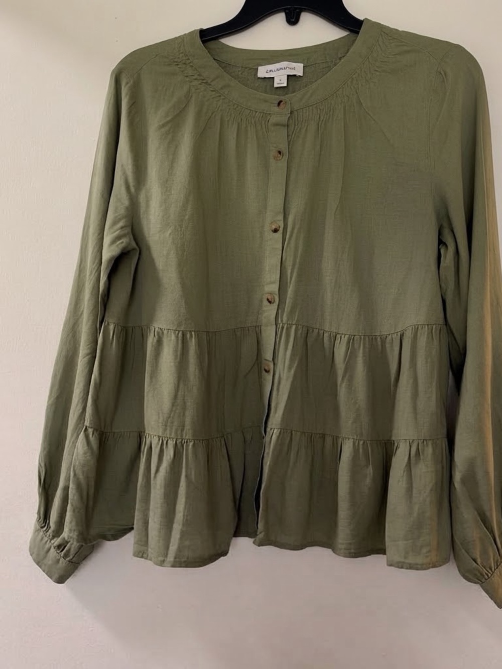 Zara Olive Green Tiered Button-Front Blouse
